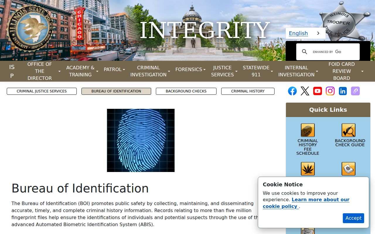 Illinois State Police Bureau of Identification webpage