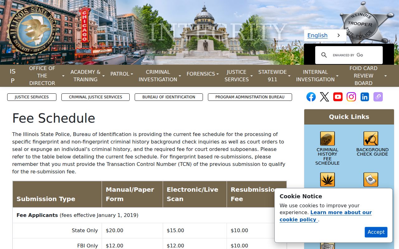 Illinois State Police criminal history fee schedule